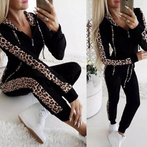 2Pcs Women Casual Autumn Leopard Print Zipper Hoodie Jacket Pants Sports Suit