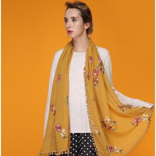 20PCS/LOT 2017 New Design Hijab High Quality Cotton Shawls Floral Embroidery Soft Scarf Women Pom pom ball shade 180*70cm