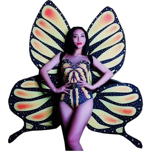Shining Diamonds Women Butterfly Role Playing Bodysuits Sleeveless Mesh Perspective Halloween Party Show Performance Stage Wear
