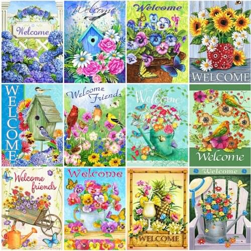 HUACAN 5D Diamond Painting Text Welcome Cross Stitch New Arrival Diamond Embroidery Flower Bird Mosaic Needlework Decor For Home