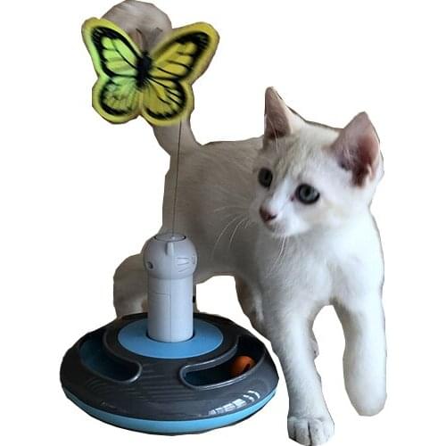 Cat Toy Blue White Feather Pet Kitty Electric Turntable Butterfly Flying Cat Disc Steel Wire Rubber Material TPR Craft 2021 New