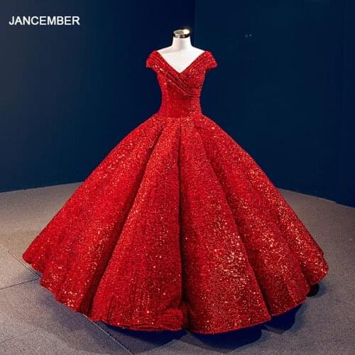 J66567 Jancember Red Quinceanera Dresses 2021 V-Neck Cap Sleeve Lace Up Back Floor Length Shiny Plus Size Sweet