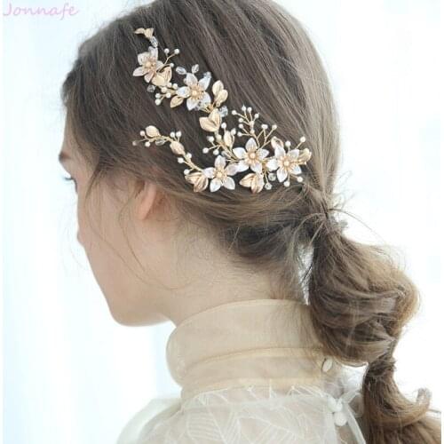 Jonnafe Gold Flower Leaf Wedding Headpiece Bridal Hair Clip Comb Handmade Women Prom Hair Ornament