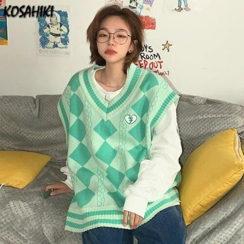 KOSAHIKI Contrasting Color Plaid Women Man Vest Couple Clothes Ins New Style V-neck Outer Uniform Knit Sleeveless Sweater Women