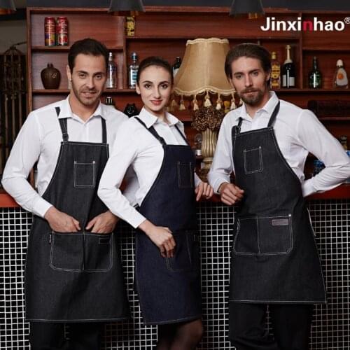 2016 Latest Denim Apron Unisex Women and Men Stylish Hotel Catering Shop Workwear Customize Logo Aprons Free Shipping
