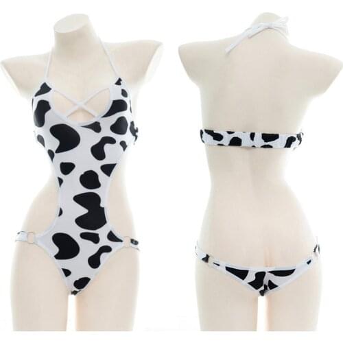 2020 New Hot Cow Polka Dot Print Tie Halter Neck Sexy Lingerie Ladies Pajamas Back Elastic Band Design Private One-Piece Suit