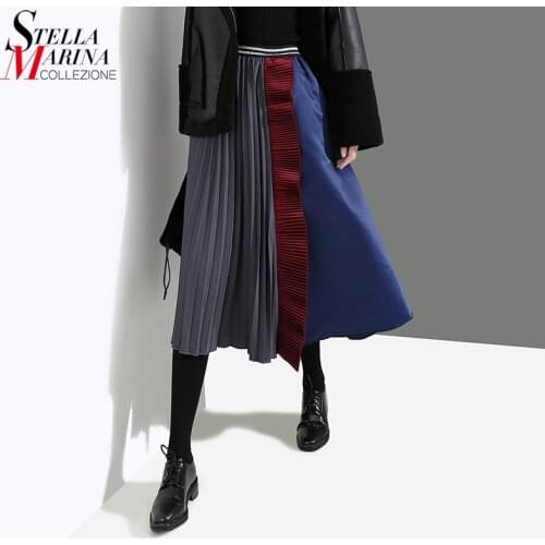 New Korean Style Woman Multicolor Patchwork Pleated Skirt A-Line Ruffles Patchwork High Waist Girls Casual Party Midi Skirt 4144