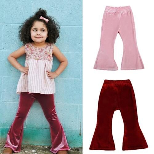 FOCUSNORM New Fashion Toddler Kids Baby Girls Bell Bottom Wide Leg Stretch Pleuche Pants Long Trousers