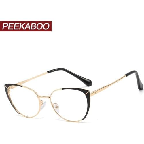 Peekaboo metal frame cat eye eyeglasses prescription accessories female gold white retro oval glasses for women clear lens