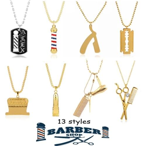 Barber Shop Pole Necklace Hair Dresser Tools 3D Barber Pole Razor Dryer Scissors Comb Hairdresser Pendants Necklaces Men Women