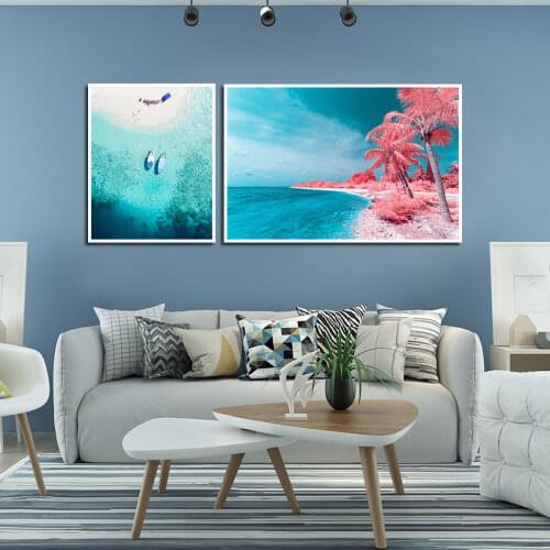 Blue Sea Ship Landscape Poster Pink Beach Tropical Plants Canvas Painting for Living Room Nordic Home Wall Art Decor Pictures