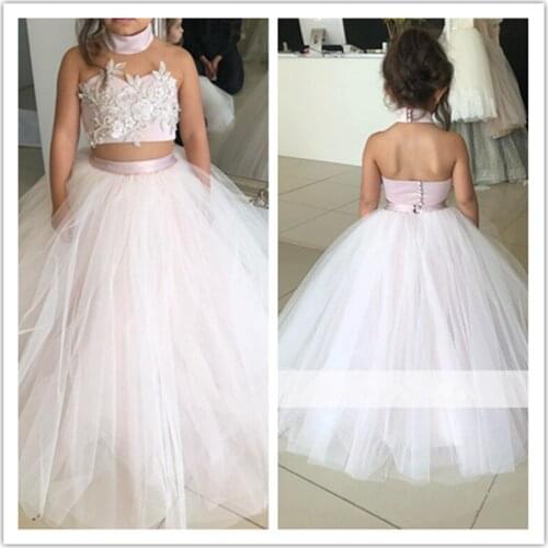 Pink 2020 Flower Girl Dresses For Weddings Ball Gown Halter Tulle Lace Pearls Long Custom Made First Communion Dresses For Girl