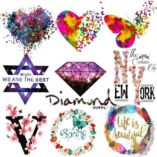 Letter Cartoon Heat Transfer Butterfly Iron On Transfers for T-Shirts Thermo Flower Stickers on Clothes Patch Applique Diy