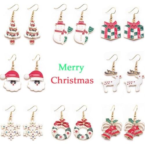 Merry Christmas Zinc Alloy Womens Earings Cartoon Color Santa Claus Snowflake Reindeer Drop Earrings for Women Xmas Decoration