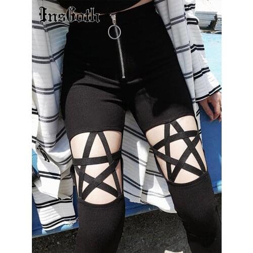 InsGoth Goth Sexy Pentagram Hollow Out Pants Y2K Harajuku Grunge Black High Waist Elastic Bodycon Trousers Punk Zipper Pants