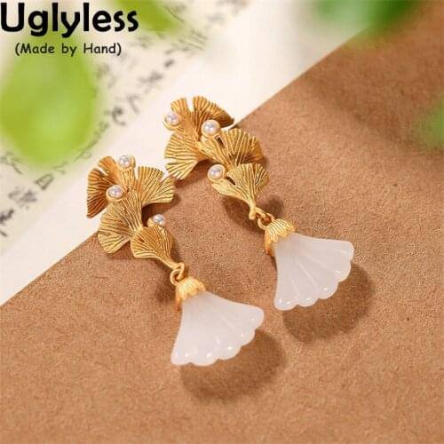 Uglyless Natural Hotan Nephrite Jade Earrings for Women Gold Ginkgo Leaf Studs Earrings 925 Silver Pearls Elegant Dress Jewelry