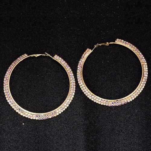 TDQUEEN AB Crystal Hoop Earrings Silver Plated and Gold Color Metal Round Circle Rhinestone Large Hoop Earrings for Women