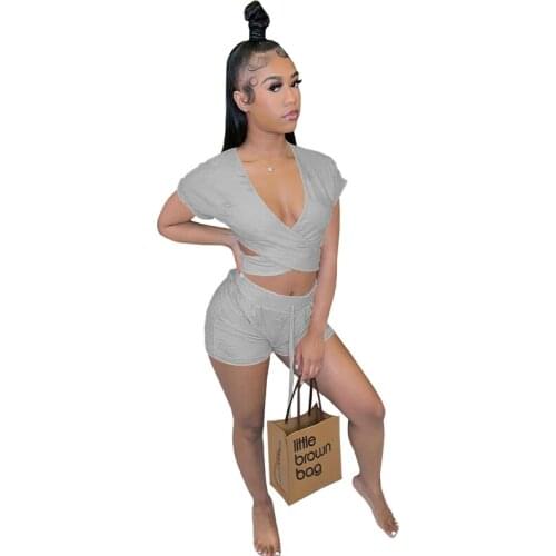 Sexy Frayed Two Piece Set Short Sleeve Hollow Crop Top Lace Up Biker Shorts Summer Tracksuit Women Club Matching Sets