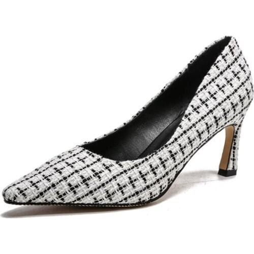 Femme ladies 7CM thin high heels Square Cotton Fabric women pumps Pointed Toe Basic embroider wedding shoes woman
