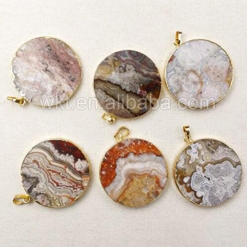 WT-P1044 Wholesale Mexican Fire a gate pendants with 24K gold color natural landscape painting jewelry circular 40mm