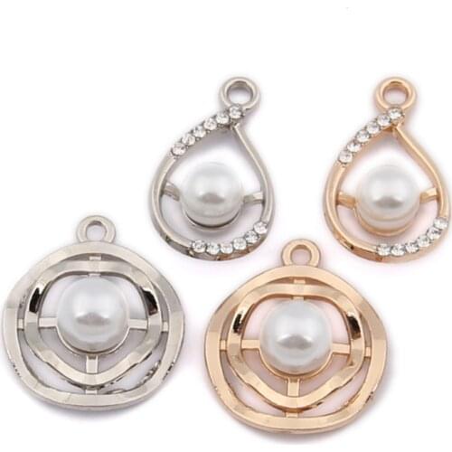 High Quality Silver Gold Tone Alloy Jewelry Charms 50pcs/Lot Round White Pearl Crystal Rhinestone Round Waterdrop Pendant
