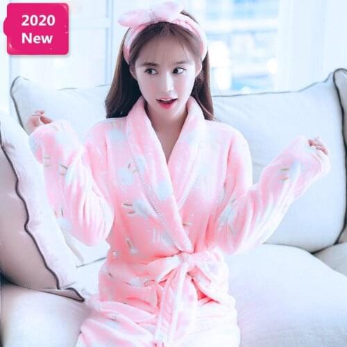 Winter Sleepwear Women Sexy Print Flannel Homewear Big Size Long Sleeve Robe Belt Nightdress Clothes 2020 Fashion Pjs