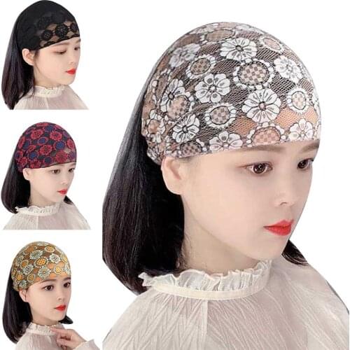 Women See Through Floral Lace Stretch Wide Head Band Hairband Bandana Headwrap