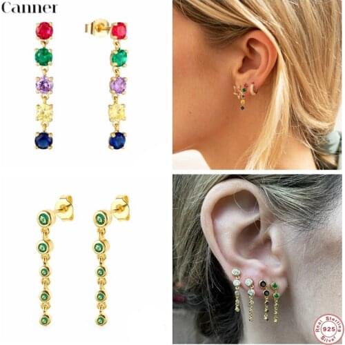 Canner 925 Sterling Silver Stud Earrings for Women Gold Long Rainbow Zircon Crystal Earings Bijoux Piercing Pendientes 2020 W5