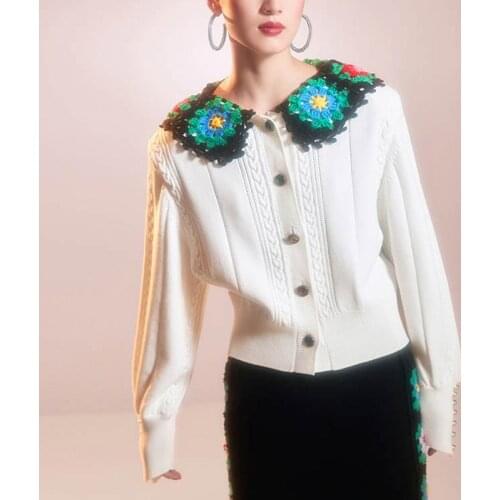 Cute Cropped Cardigan Women Crocheted Collar Lantern Sleeve White Cardigan 2021 Autumn Winter Sweater Coat Knit Jacket Outwear