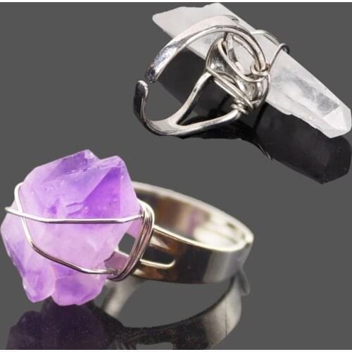 Natural Stone Silver-color Wire Wrap Women Rings Irregular Natural Rock Crystal Resizable Ring Fashion Finger Ring Jewelry Party