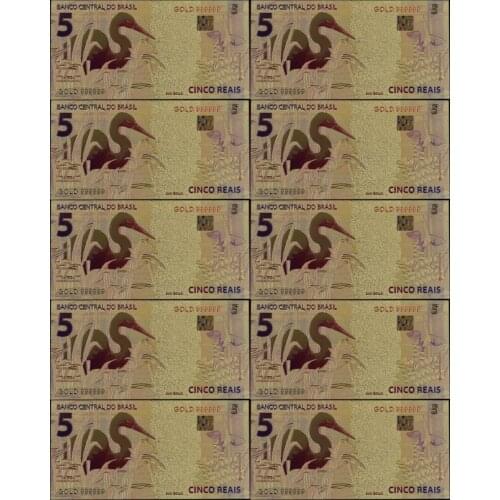 10pcs/lot Color Brazil Gold Banknotes 5 Reals Banknote In 24K Gold Fake Paper Money for Collection