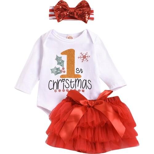 2021 Infant Newborn Kid Baby Girl My First Christmas Outfits Long Sleeve Romper Tutu Skirt Bow Headband 3Pcs Clothes Set
