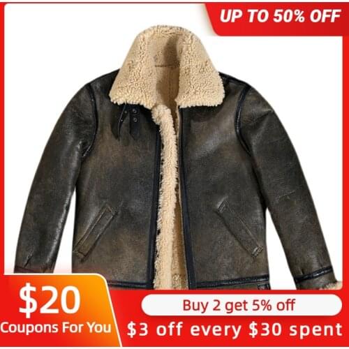 2021 Dark Brown Genuine Shearling Coat Military Style Plus Size 5XL Real Natural Sheepskin Winter Thick Warm B3 Bomber Jacket