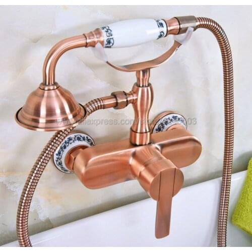 Antique Red Copper Bathroom Shower Faucet Bath Faucet Mixer Tap With Hand Shower Head Set Wall Mounted Kna316