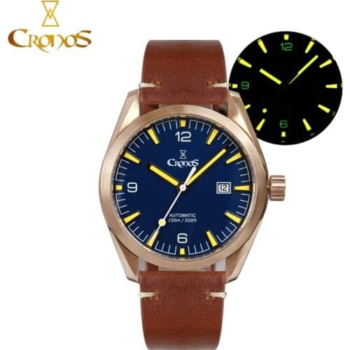 CRONOS Bronze Mens Mechanical Watch 10ATM CuSn8 Automatic PT5000 SW200 Sapphire Crystal Leather Rubber Strap Watches