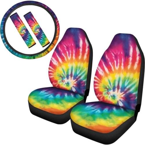 INSTANTARTS Rainbow Boho Ethnic Tie Dye Print Soft Car Seat Covers Full Set Washable Seatbelt Covers Steering Wheel Cover Hot