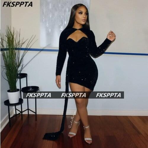 Black Short Sexy Prom Dresses Long Sleeves Sheath Cut-out Sparkly Sequins Black Girls Cocktail Party Gowns Custom Made