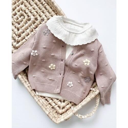 Beautiful Flower Embrodery Baby Girl Cardigan Coat Long Sleeve Knit Soft Cozy Sweater Spring Fall Children Cotton Jacket Outwear