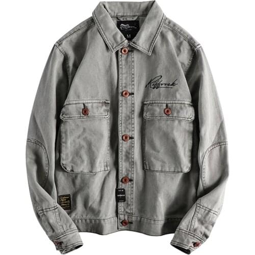 Japanese Harajuku Embroidered Streetwear Vintage Distressed Big Pockets Button Up Denim Jean Jacket for Men Plus Size