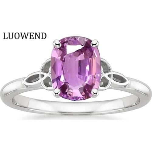 LUOWEND 18K White Gold Ring Gemstone Jewelry Oval/Rectangle Shape Natural Design Diamond Ring Pink Sapphire Engagement Ring