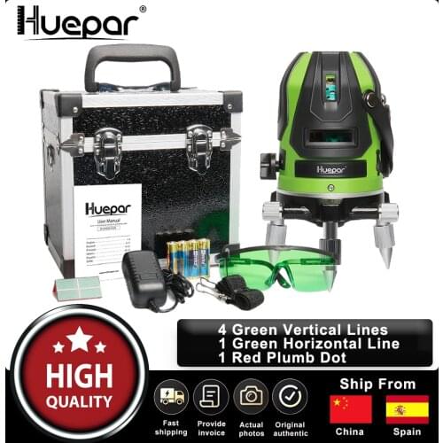 Huepar Multi-Line Laser Level Green Beam Self-leveling Four Vertical and One Horizontal Lines with Down Plumb Dot Laser Tool