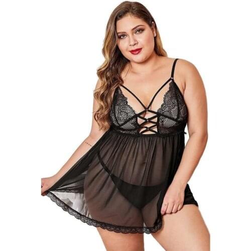 Fashion Large Sleepwear Plus Size Night Dress Lingerie Women Black Nightwear Sexy Lace Temptation Underwear Nightdress