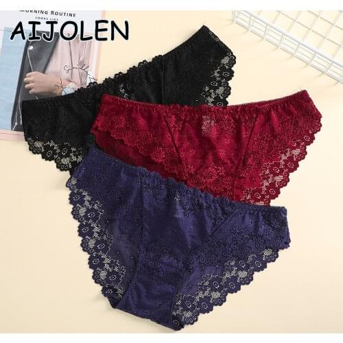 AIJOLEN Pure Color Lace Ladies Briefs Floral Decoration Double Layer Sexy Underwear Burgundy Mid-waist Comfortable Panties