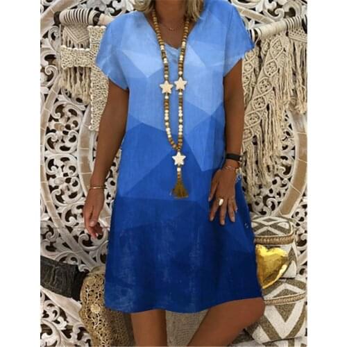 Womens Shift Dress Knee Length Dress Short Sleeve Print Summer Plus Size Casual 2021 Vestido Casual Vestidos Midi Para Mujer