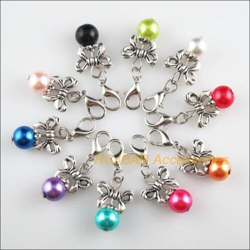 10 New Bowknot 14x20mm Charms Mixed Ball Glass Tibetan Silver Plated Retro With Lobster Claw Clasps