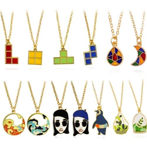 Colorful Pendant Necklace Tetris game Necklace spray beauty penguin Succulent potted plants Alloy necklace