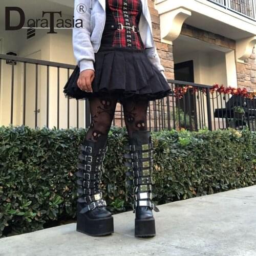 Brand Design Female Gothic Cosplay Wedges High Heels Women Boots Fashion Metal Buckle Platform Knee High Boots Punk Shoes Woman