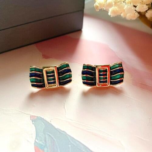 Blue and green, bow tie, oil dripping, enamel 925 silver needle earrings, simple temperament, versatile Earrings