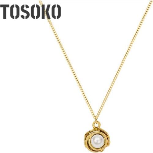 TOSOKO Stainless Steel Jewelry Shell Imitation Pearl Necklace Womens Elegant Clavicle Chain BSP940