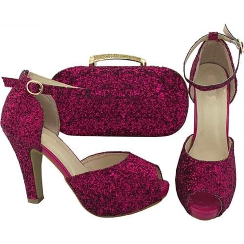 Gorgeous fuchsia women pumps with rhinestones african shoes match handbag set for dress BCH-32A,heel 10.7CM